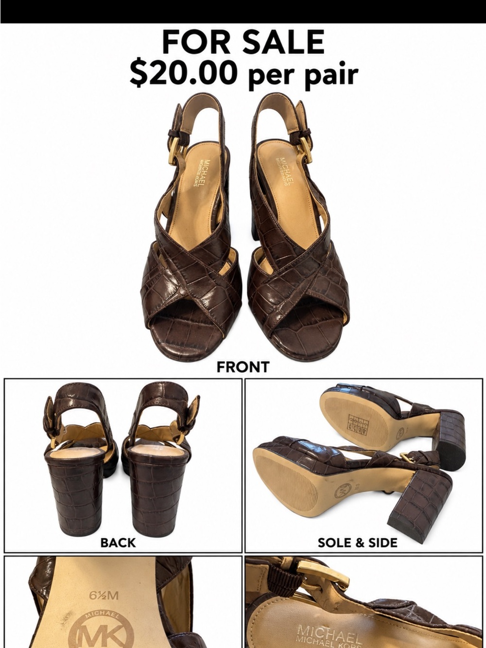 Michael Kors Dark Brown Croc-Embossed Block Heel Slingbacks